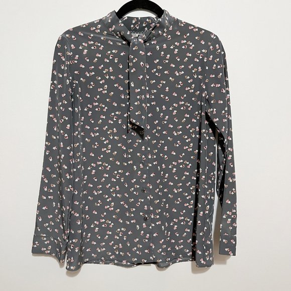 Uniqlo Hearts Print Tie Neck Button Down Blouse - Picture 1 of 8